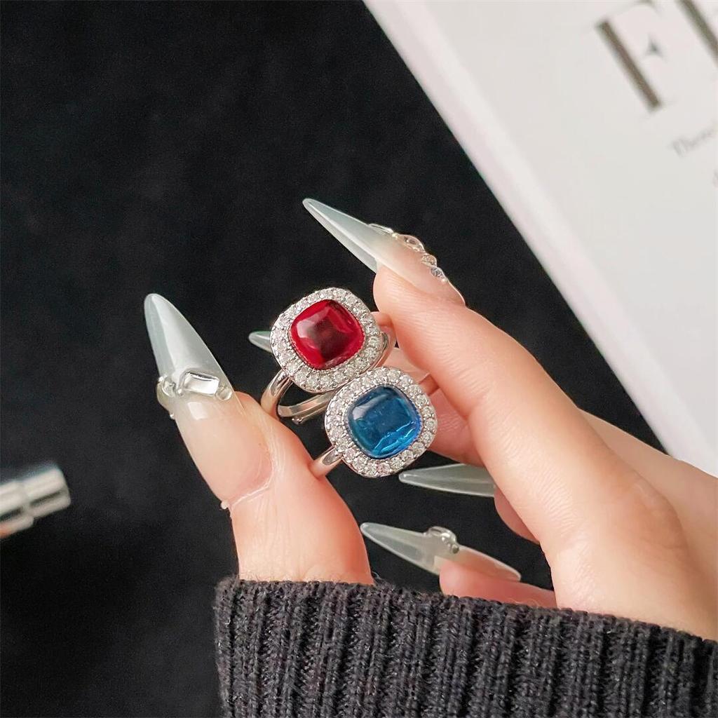 Color Diamond-Set Zircon Niche Design Open Ring Square Unique Light Luxury High Sense Exquisite Temperament Ring Woman