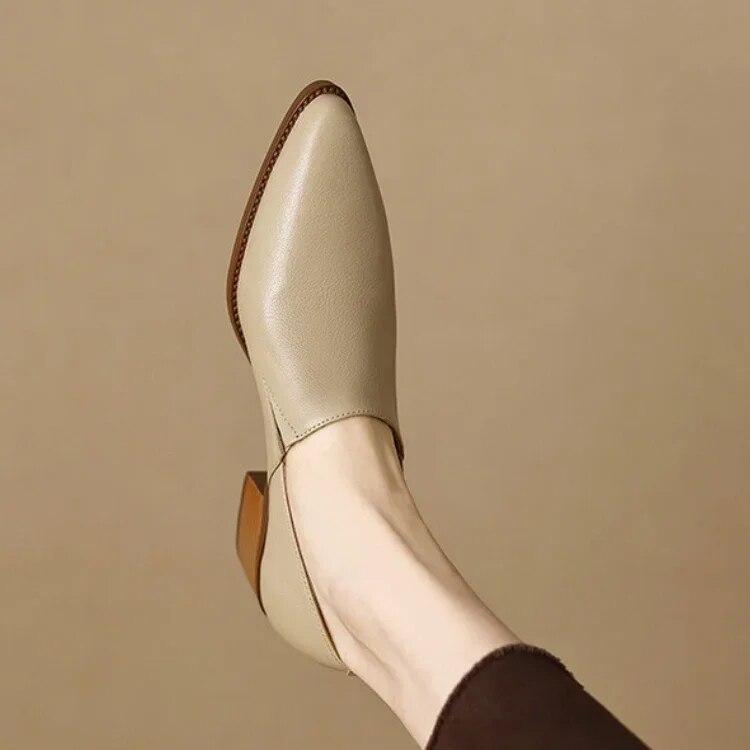 Women Spring Autumn Retro Pointed Toe Pedal Soft Leather Loafers All Match Thick Heeled Mid Heel Fashion Single Shoes
