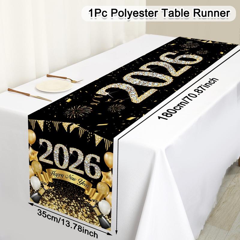 2026 Happy New Year Table Runner Fireworks Champagne Polyester Table Cover For New Year Party Kitchen Dining Table Decorations