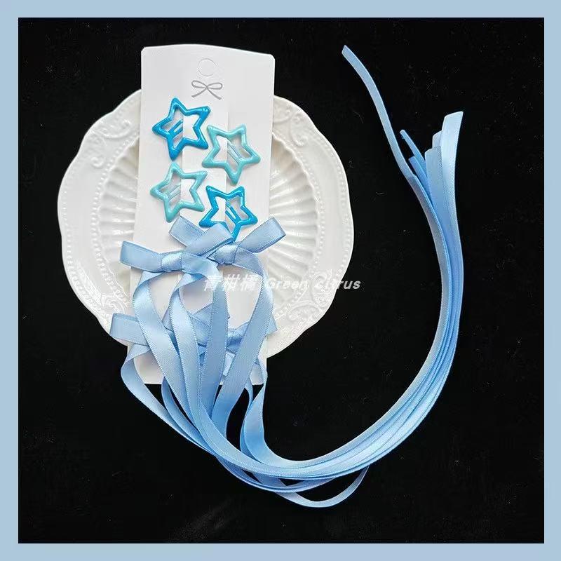 Blue Bow Braided Hair Clip & Silk Ribbon for Double Ponytail Styling
