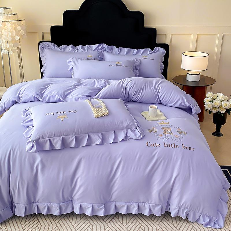Small Fresh Washed Knitted Pure Cotton Embroidered Four-piece Bedding Set Quilt Cover Bed Sheet Bed Skirt