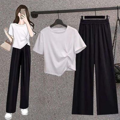 Camicia Corta Irregolare Coreana Top da Donna Pantaloni Larghi Neri Verticali Tuta Moda Casual Due Pezzi