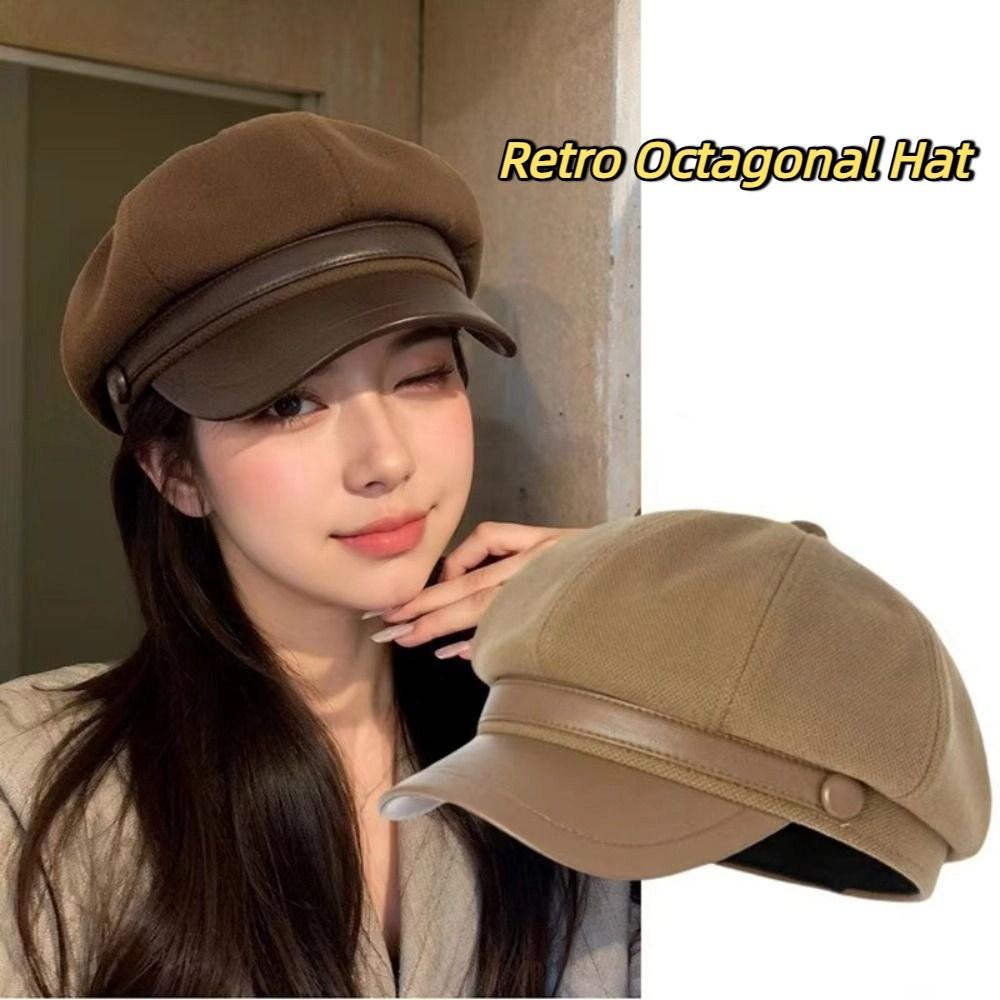 Retro Pu Leather Beret Korean Style Painter Hat Fashion Wool Octagonal Hat  Streetwear