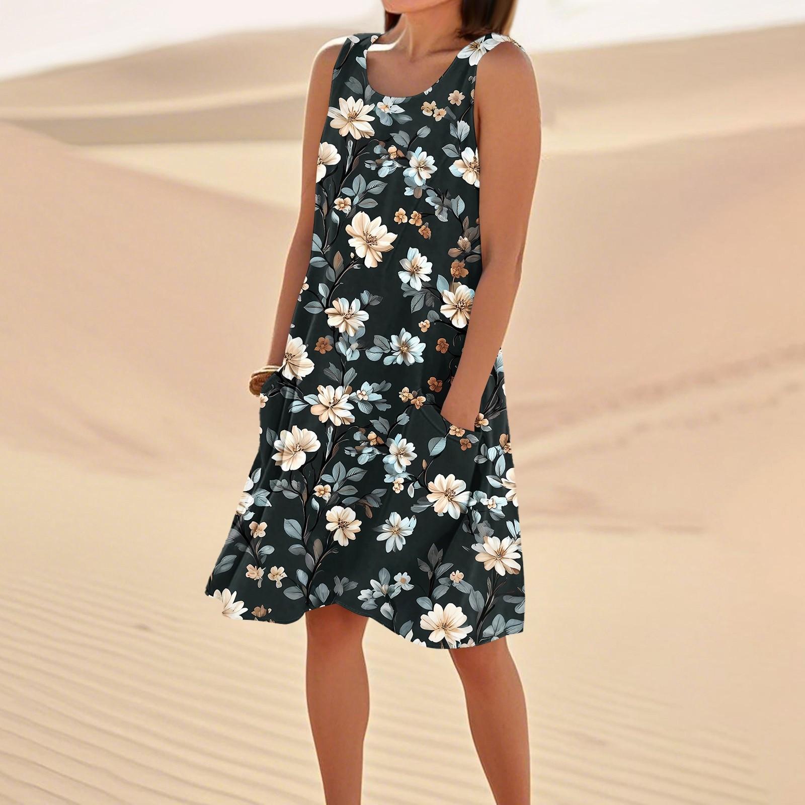 

Платья с принтом для женщин, свободные, пляжные, повседневные, без рукавов, сарафаны с карманами, платье-майка XL чёрный