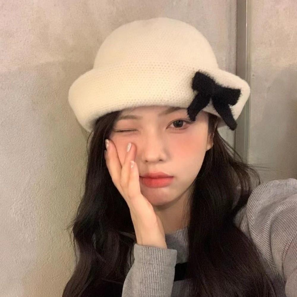 Korean Style Woolen Fishing Cap Knit Women Bucket Hat Fashion Bow Bucket Cap Spring Summer