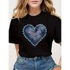 European Size Women'S Heart Denim Print T-Shirt - Casual Blouse with Stretch Short Sleeves And Round Neck, for Everyday Wear In Spring, Summerl