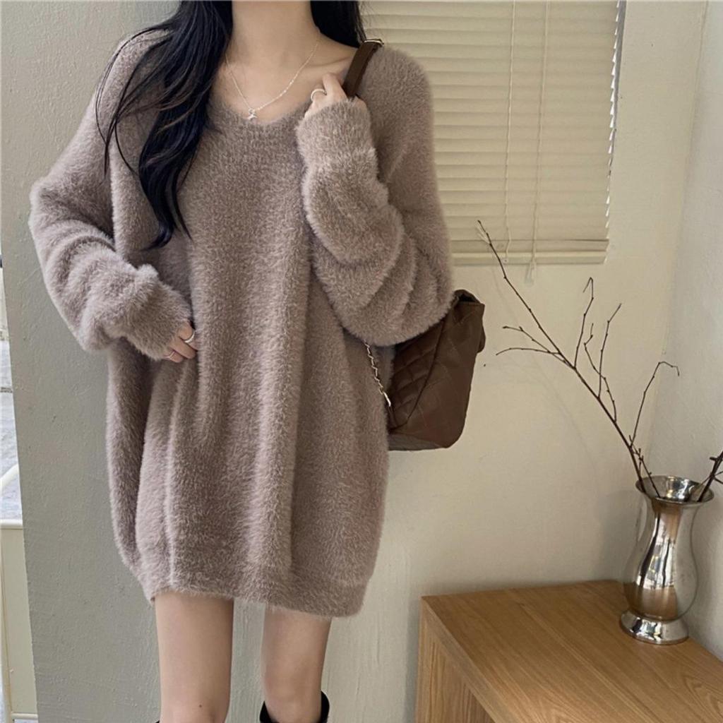 2025 Women's Mid-Length Faux Mink Sweater - Soft, Loose, Long Sleeve, Lazy Style for Autumn and Winter