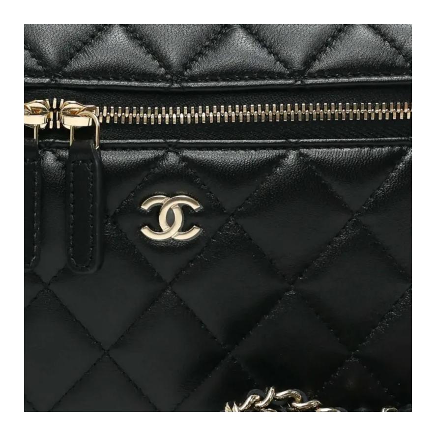 Chanel 25c Boucle Dorée Motif Diamant Chaîne en Cuir Logo de Marque Fermeture à Glissière Sac Bandoulière Messager Simple Sac à Main en Peau d'Agneau Noir pour Femme