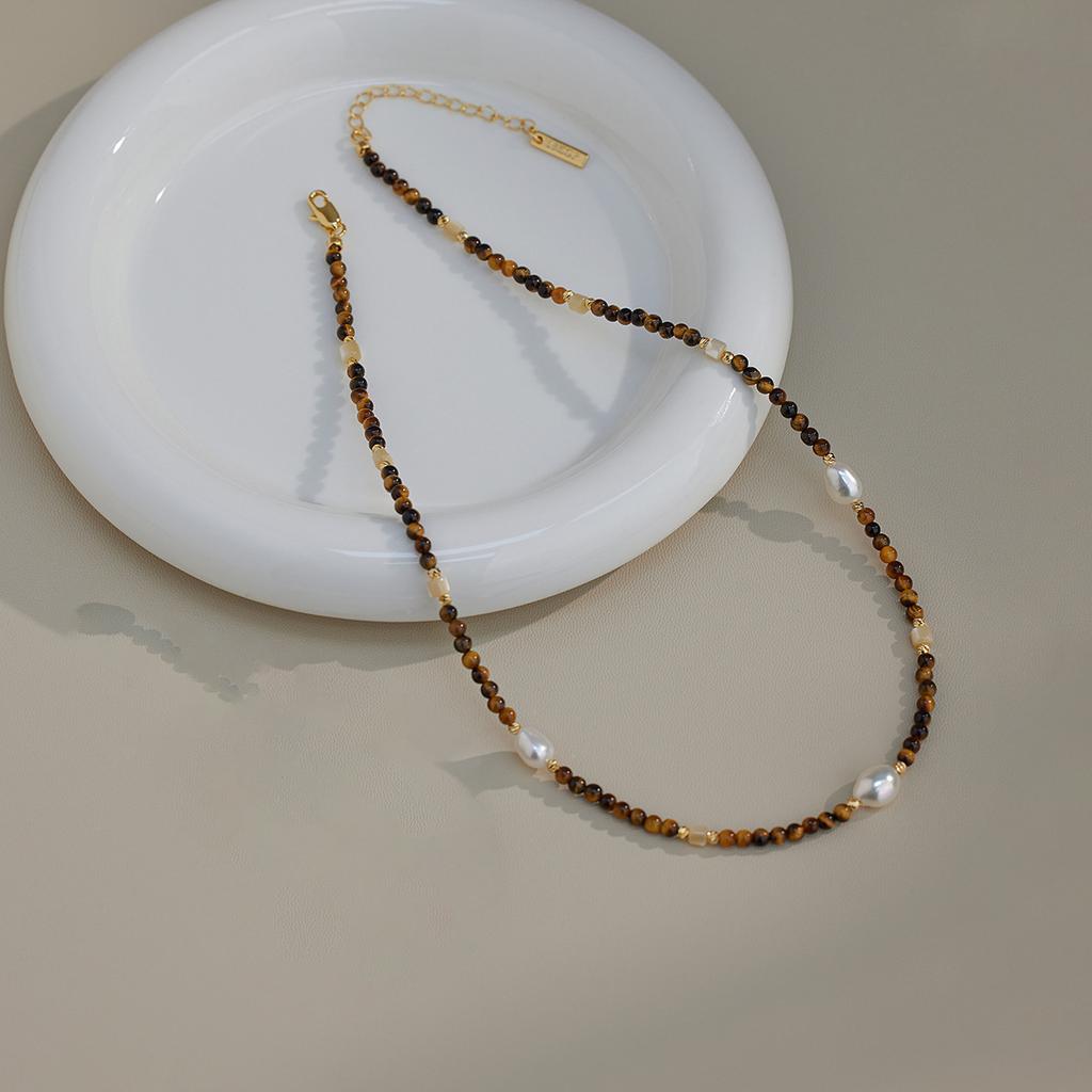 Maillard Tiger'S Eye Stone Freshwater Pearl Necklace Niche Design Necklace Bracelet Autumn And Winter Personality Fritillary Clavicle Chain Women