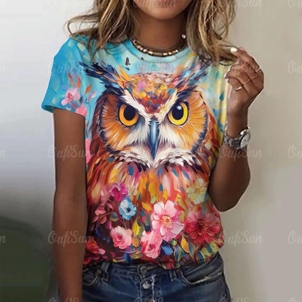 Women's T-Shirts Top Short Sleeved Owl 3D Print  Fashion Casual Style Round Neck Tee T-Shirt