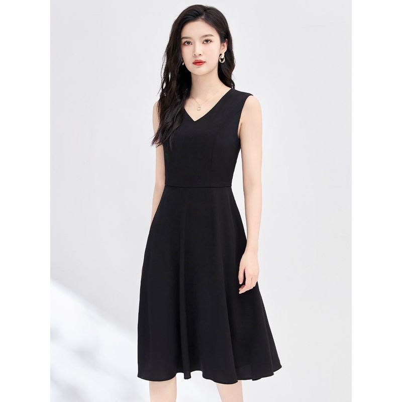 

Lightly Mature Elegant V Neck Slim-Fit Figure Flattering Sleeveless Black Dress 2025 Summer New Arrival Fashion All-Match Sleeveless Dress Black M