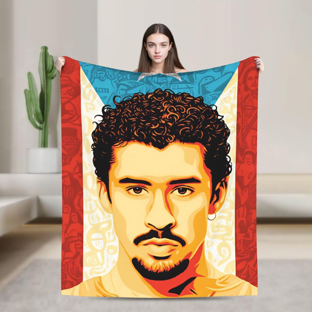 Bad Bunny Puerto Rican Rapper Portrait Blanket Warm Fashion Plush Throw Blanket For Child Bedroom Flannel Bedspread Bed Cover
