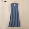 VONDA Women Round Neck Sleeveless Backless Drawstring Casual Long Dress