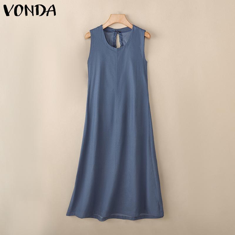 VONDA Women Round Neck Sleeveless Backless Drawstring Casual Long Dress