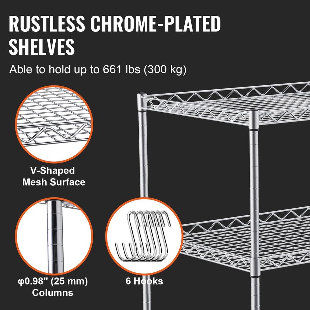 Kitchen Utility Cart, 3 Tiers, Wire Rolling Cart with 661LBS Capacity, Steel Service Cart On Wheels, Metal Storage Trolley with 80mm Deep Basket