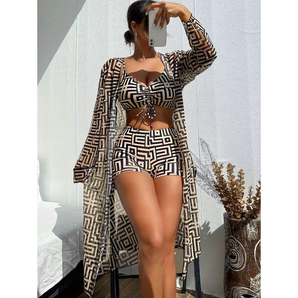 Women's Geometric Print Three-Piece Swimsuit Set with Long Sleeve Beach Cover-Up, Polyester Knit Fabric with Elastane, Medium Stretch, Chic Bikini Set