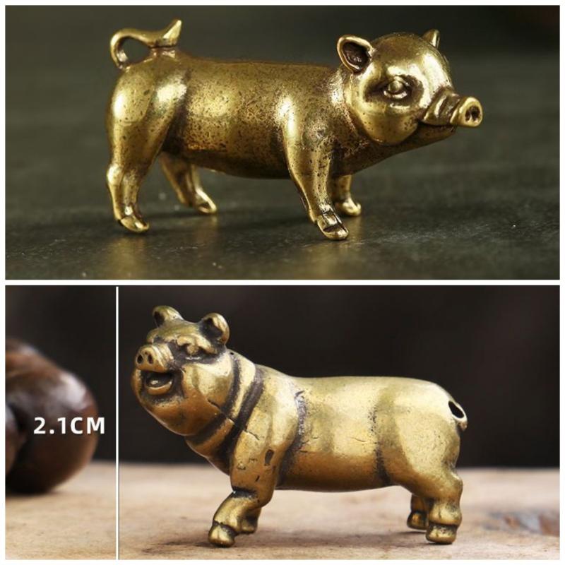Vintage Brass Mini Pig Figurine Handmade Retro Desk Ornament Tea Pet for Living Room Desktop Home Decor Collection Gift
