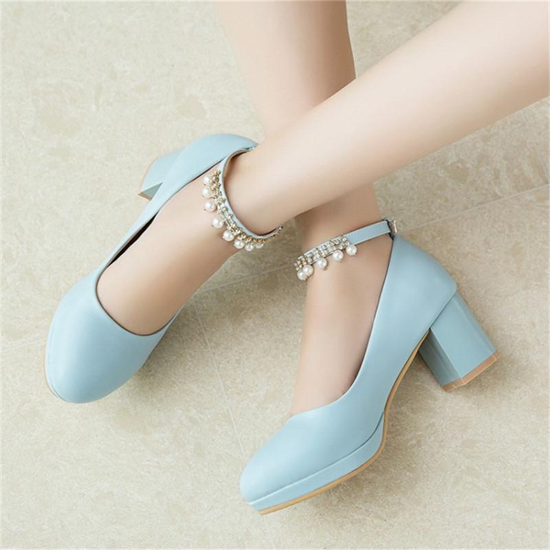 Girls Leather Shoes Ladies High Heel Shoes Sweet Pearl Ankle Strap Princess Mary Janes Party Wedding Shoes Women Pump 30-43