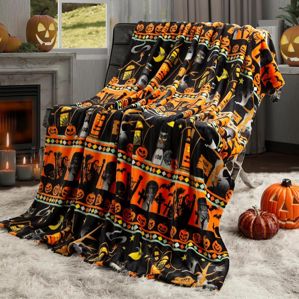 Coperta di Halloween Fantasma Reversibile Stampa Zucca Coperta Plaid in Pile, Super Morbida Calda Accogliente Coperta Autunnale Per