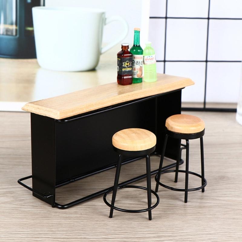 3Pieces Doll House Furniture Bar Counter with 2 Bar Stools and Bar Table for Craft Project Bar Scene Display Accessory