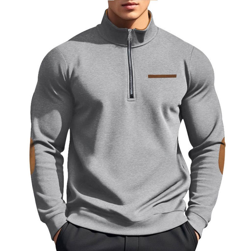 Men's Fleece-Lined Casual Half-Zip Stand Collar Patchwork Contrast Color Sweatshirt