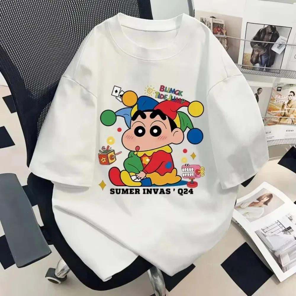 Moda Crayon Shin-chan Fofo Estampa de Desenho Animado Camiseta de Algodão Y2K Casual Solta Manga Curta Tops Combinando para Casal Homens Mulheres