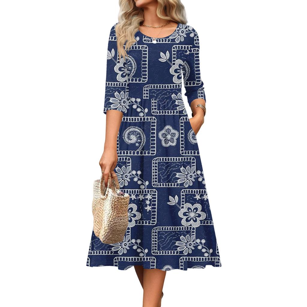 3/4 Sleeve Women's Dress Casual Flowy A-Line Midi Tshirt Dresses With Pockets Crewneck Vocation Boho Beach Sundress