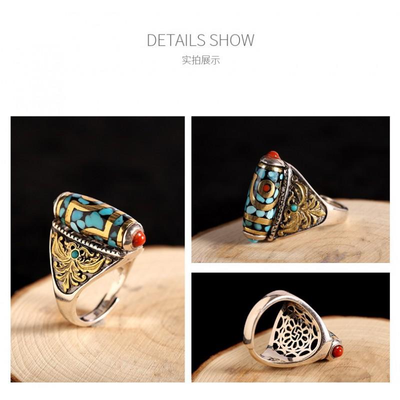 Adjustable Open Ring With Motif Vintage Tibetan Nepalese Style Handmade Copper Plated Unisex Finger