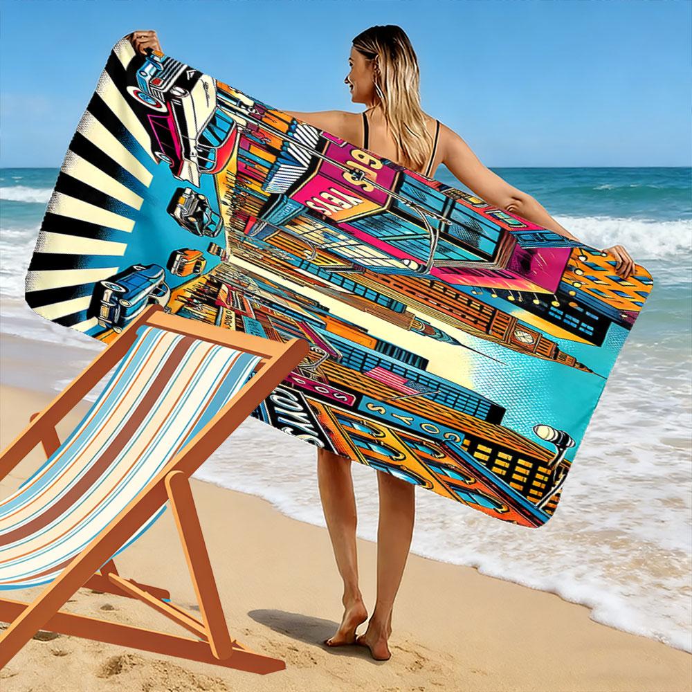"Vintage Cityscape with Classic Cars" Patterned beach towel quick dry perfect for travel outdoor sports jogging the beach and swimming