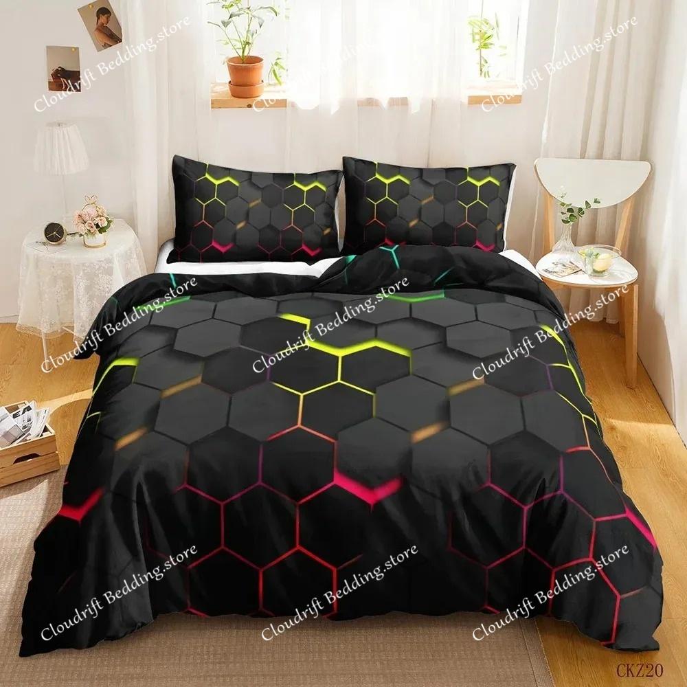 Geometric Duvet Cover Multicolor Honeycomb Hexagon Bedding Set Geometric Theme Metal Texture Streamline Polyester Qulit Cover