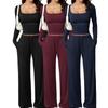 Autumn Casual Long Pants Set Square Neck Long Sleeve Short Top Women Sportswear