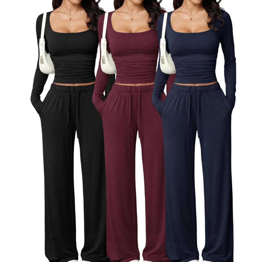 Autumn Casual Long Pants Set Square Neck Long Sleeve Short Top Women Sportswear
