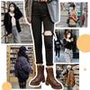Retro thick-soled high-heeled short boots, genuine leather Martin boots, women's inner heightening versatile medium boots, brown knight boots.