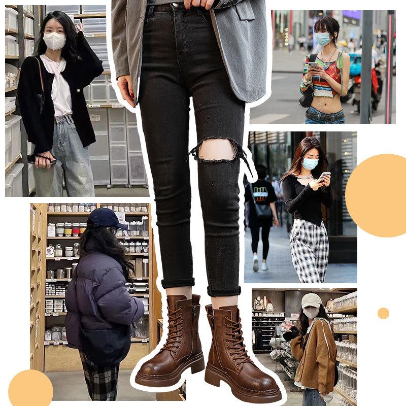 Retro thick-soled high-heeled short boots, genuine leather Martin boots, women's inner heightening versatile medium boots, brown knight boots.