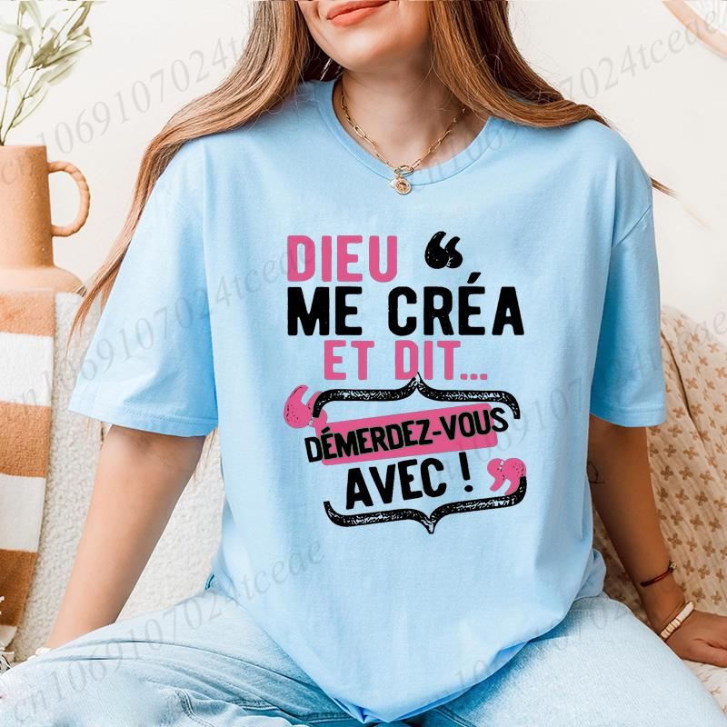 T-Shirts for Women Casual Crew Neck T-Shirt with French Quote "Dieu Me C'est Mon Saint" - Playful Letter Print Short Sleeve Top