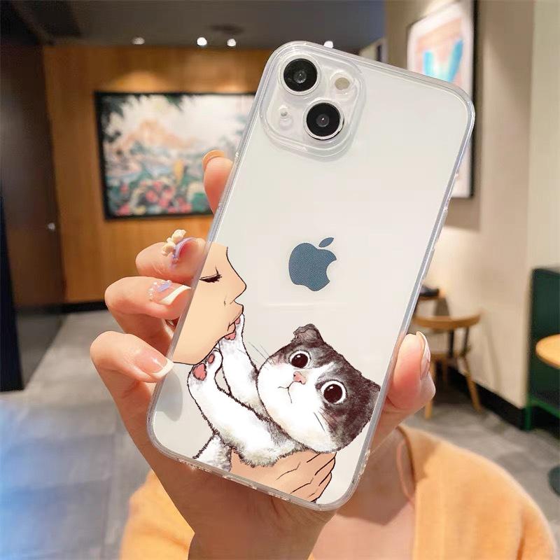 Kiss Cat Cute Kitten Cartoon Luxury Transparent Phone Case For iPhone 15 14 13 12 mini 11 Pro Max XS X XR SE 7 8 Plus Cover