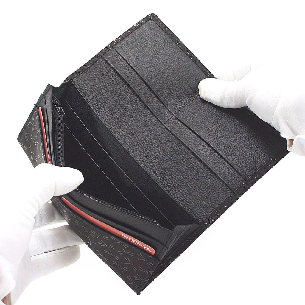 [Inden-ya] Inden Wallet, Long Wallet, Size M, with Coin Purse, Deerskin, Black with Black Lacquer, Dragonfly Pattern, 2109-01-008