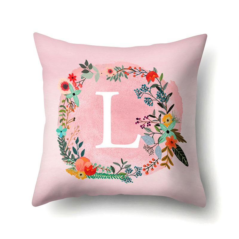Polyester Pillowcase Pink Flower Home Decoration Print 26 English Letter Cushion Pillowcase
