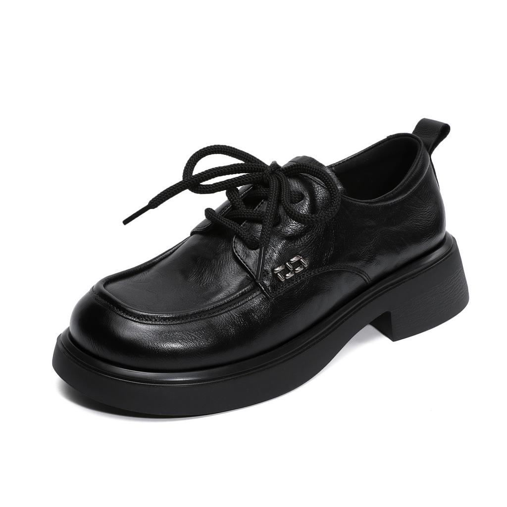 Johnature Pumps Round Toe Middle Heel Shoes Genuine Leather Lace-up Comfortable Soft Soled Thick Heel Shoes