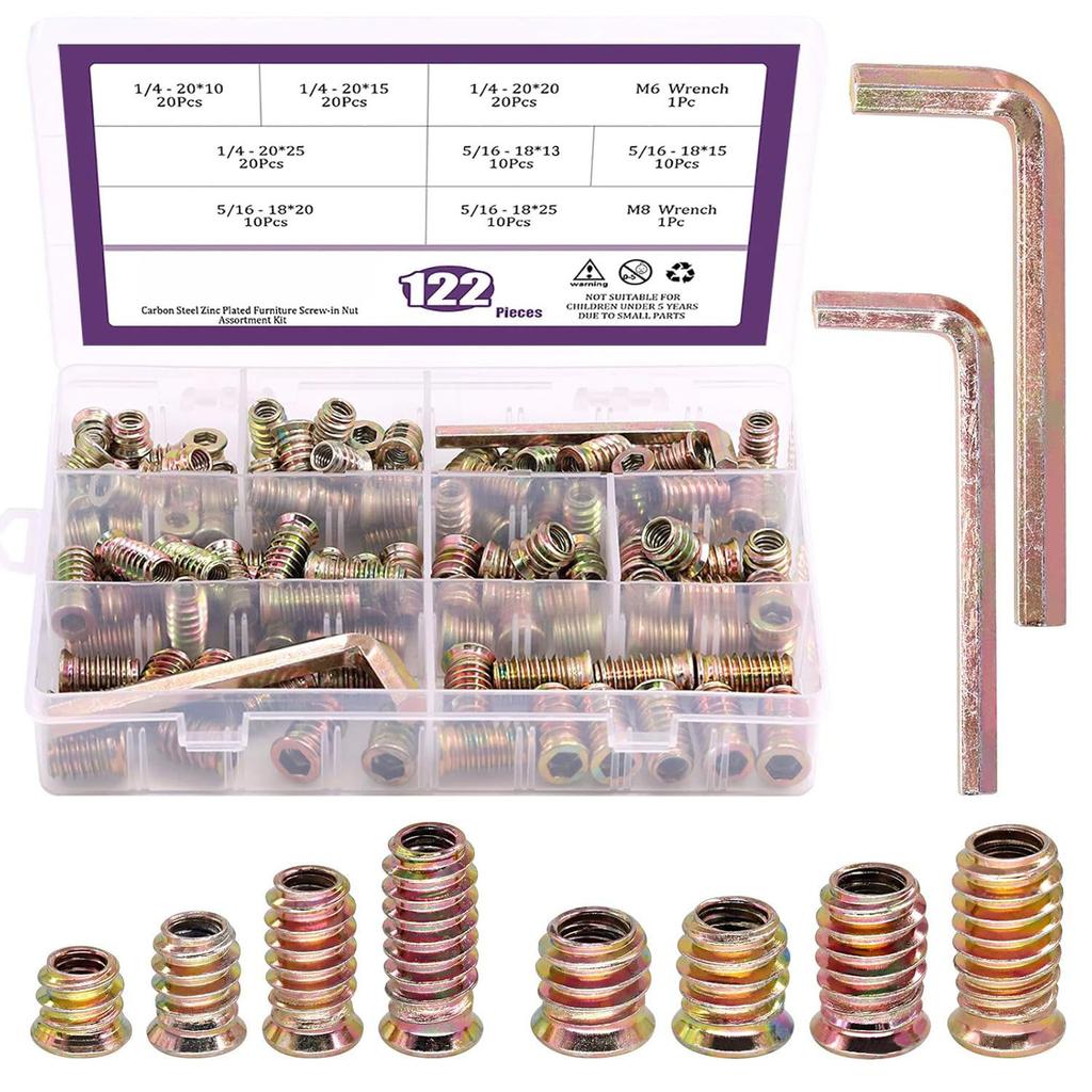122Pcs White Zinc Inch Furniture Screw Nut Accessory Set Color Zinc Inner and Outer Teeth Nut Set
