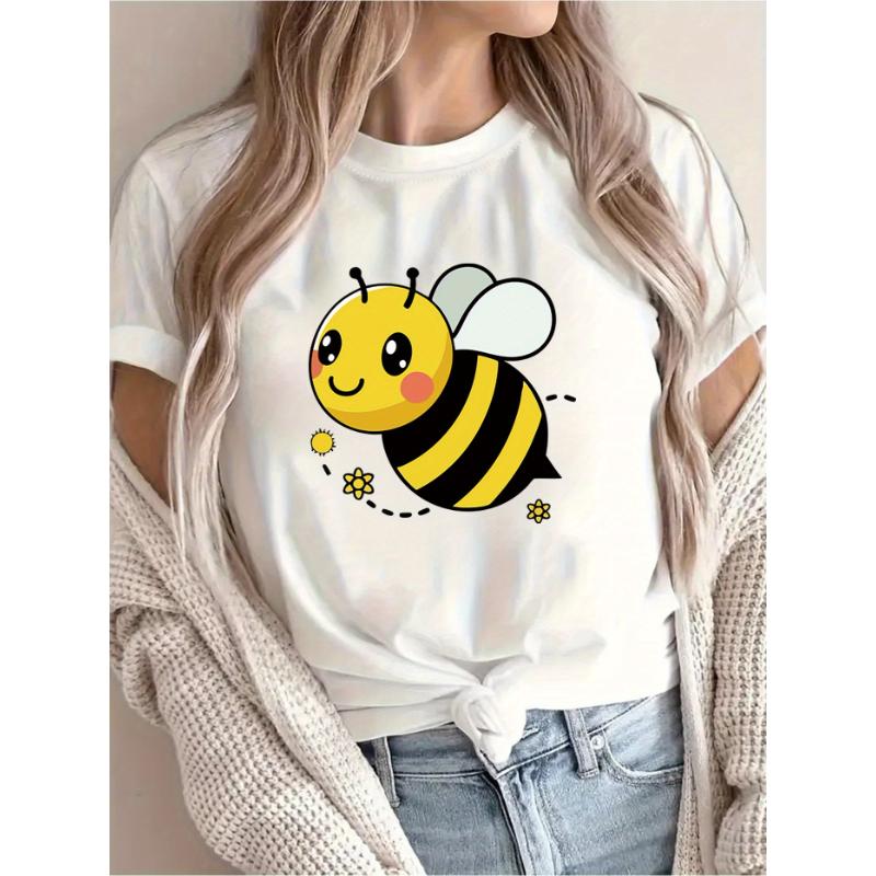 Women s Casual Short Sleeve T-Shirt Cute Cartoon Bee & Floral Print Breathable Round Neck Tee for Spring/Summer S