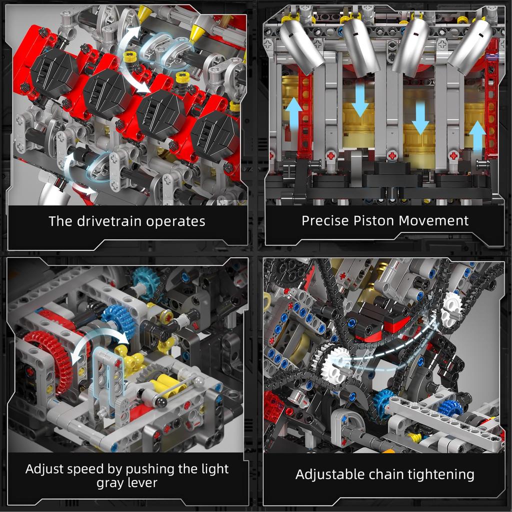 Mould King 10130 MOC Technic F488 (V8) 8-Cylinder Inline Gasoline Engine Block Kit, 3.9 Liter Double Turbo V8 Engine, Technology Building Kit with