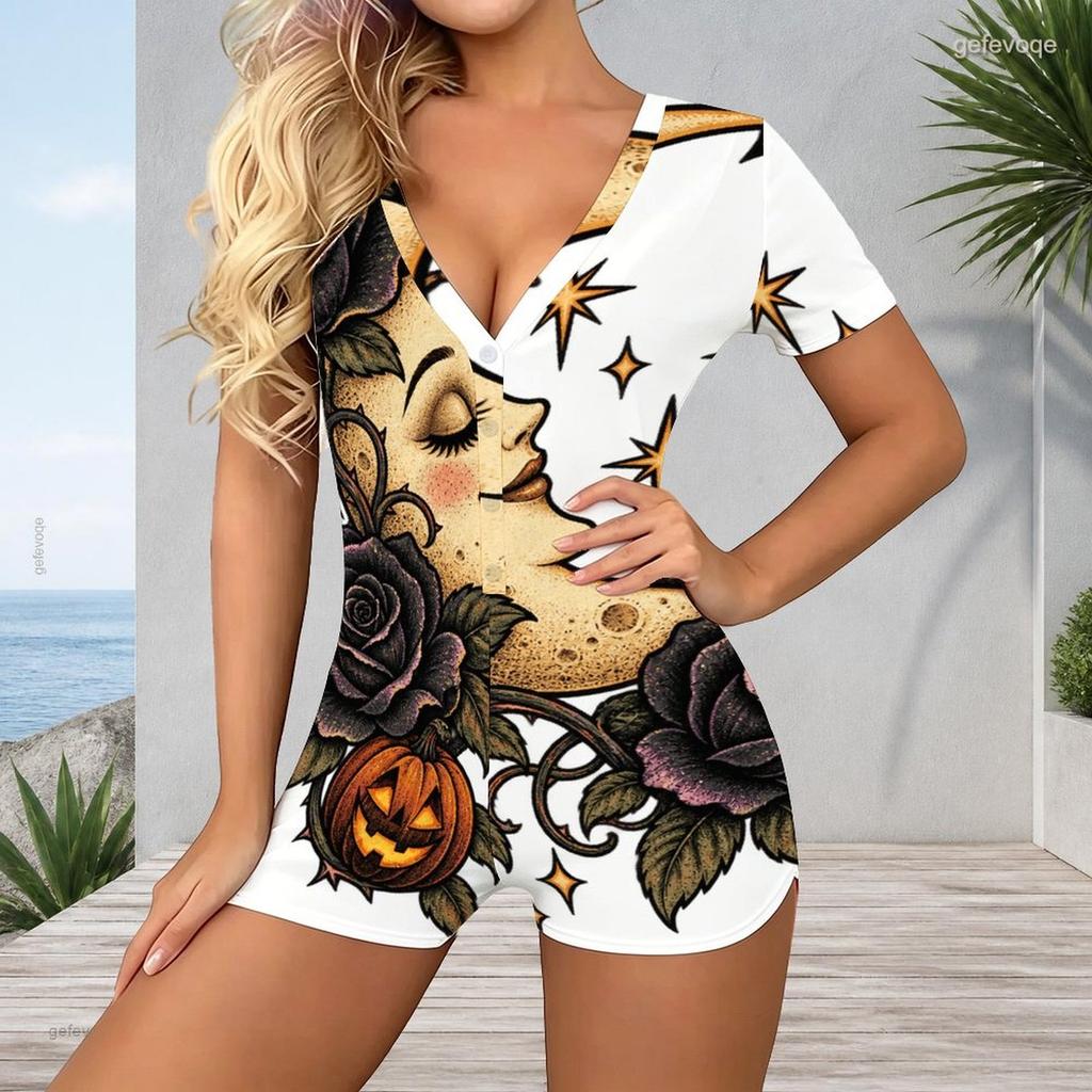 Women Plus Size V Neck Short Sleeve Multi Color Printed Button Front Fitted Short Romper