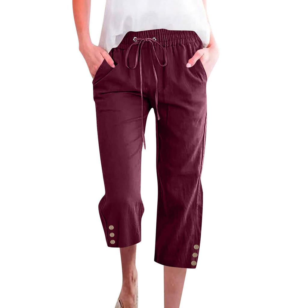 Spring Solid Color Cotton Linen Drawstring Cropped Pants