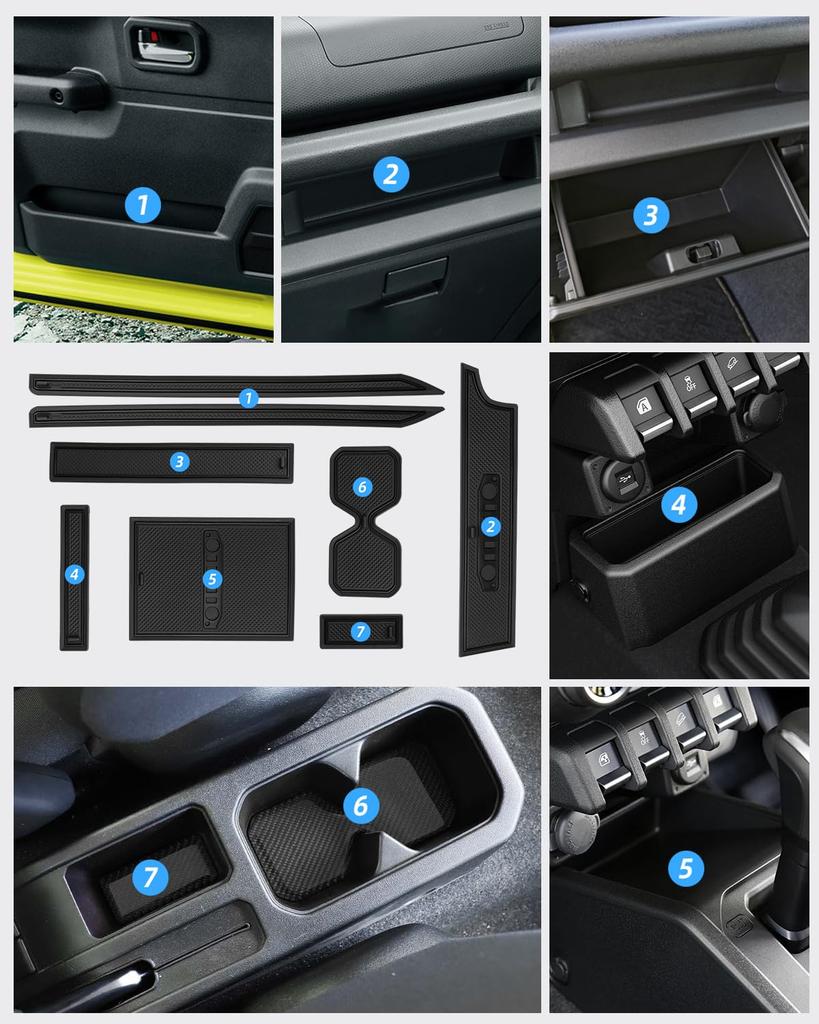 LANGBEAN Interior Rubber Mats for Suzuki Jimny Door Pocket Scratch and Noise Set of 8 JB64W/JB74W, Non-Slip Mats, Prevention, (Black)