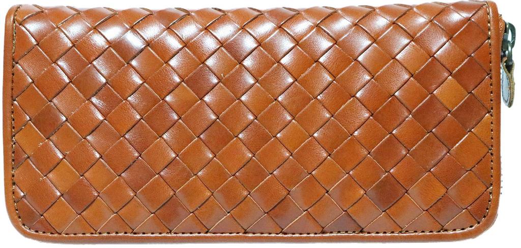 Bercute Camel Echtes Leder Geflochtenes Netz Langes Portemonnaie für Männer und Frauen, Rundes Reißverschluss-Münzfach, Leder-Geldbörse, Rindsleder, 1030220-F-044c