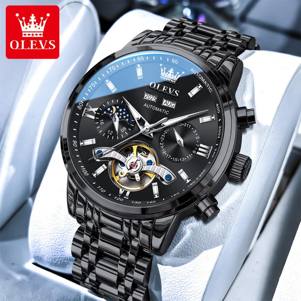 OLEVS Watches for Men Skeleton Flywheel Automatic Mechanical Men's Watches 24 Hour Moon Phase Waterproof Luxury Man Watch 6740