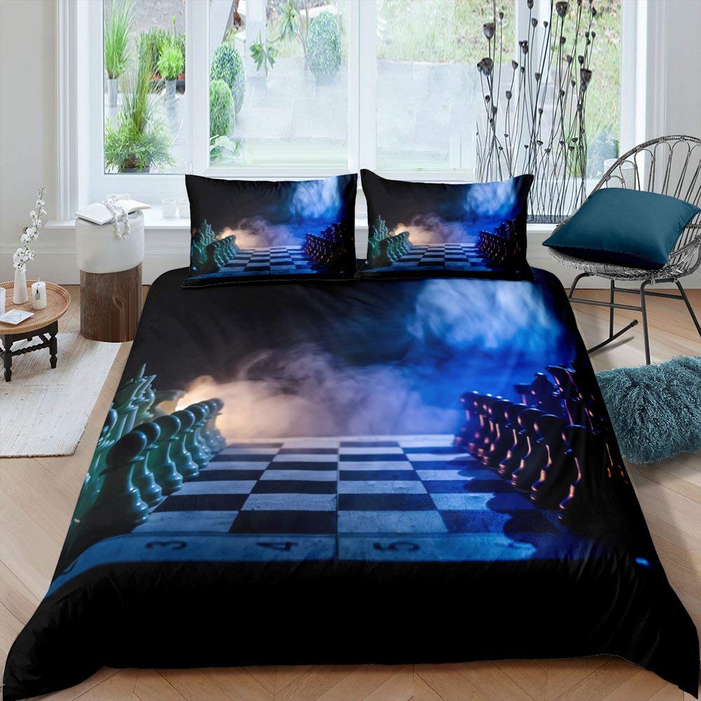 International Chess Duvet Cover Set Queen Size Chess Lovers Bedding Set for Boys Adults Microfiber Black Base 2/3pcs Quilt Cover