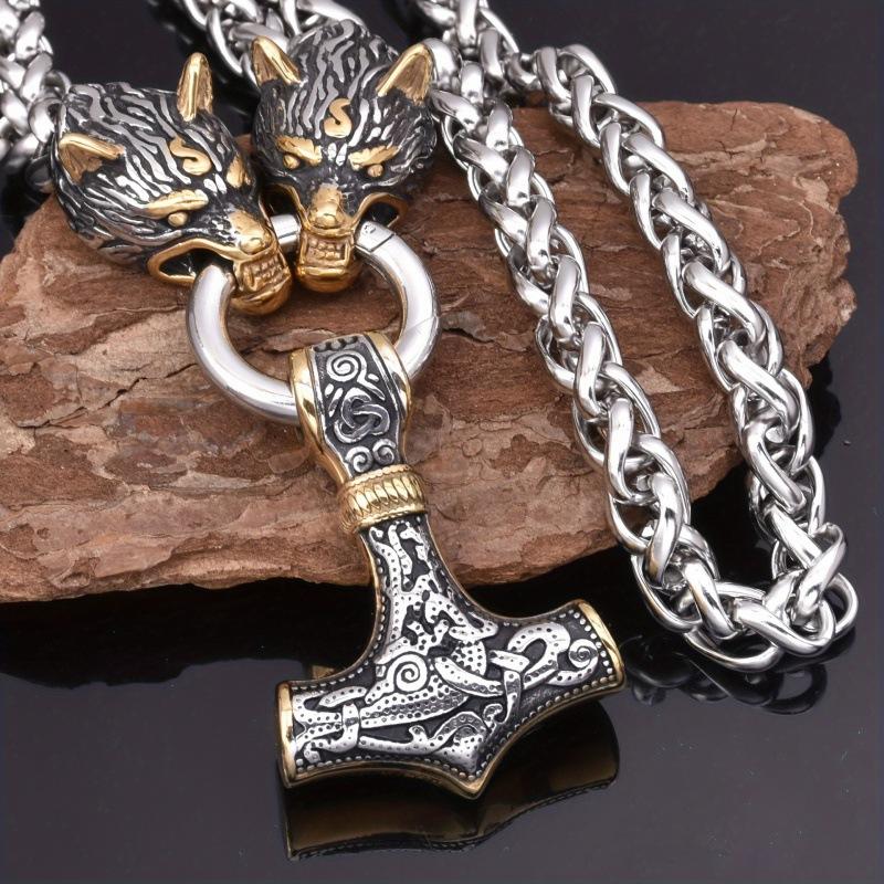 European American Retro Rune Hammer Pendant Wolf Head Necklace Men's Punk Nordic Norwegian Viking Jewelry Wholesale