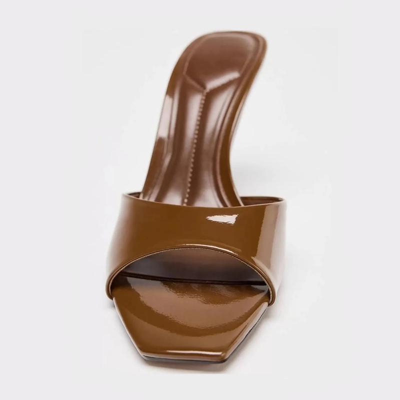 Fashion Retro Brown Patent Leather High-Heel Slipper Women Fashion Shallow Square-Toe Thin Heel Slide Sandals Elegant Banquet Dress Shoe